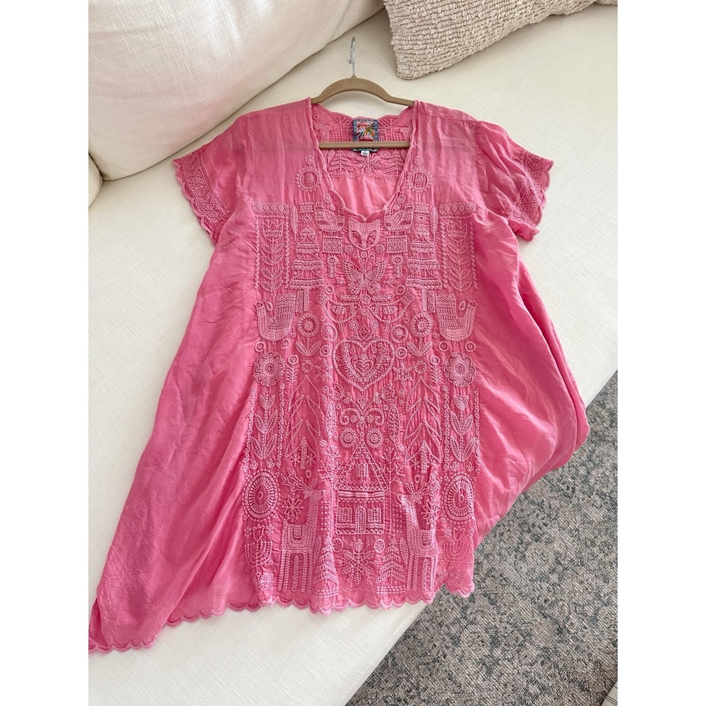 Johnny Was Pink Floral Embroidered Swing Top Medium
